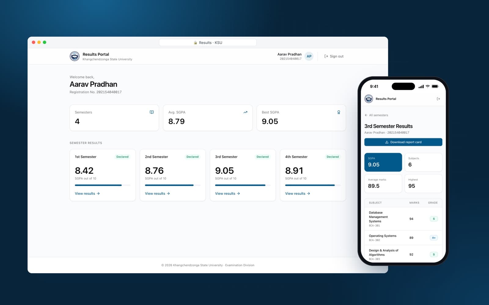 Results portal dashboard showing semester SGPA cards on desktop and mobile