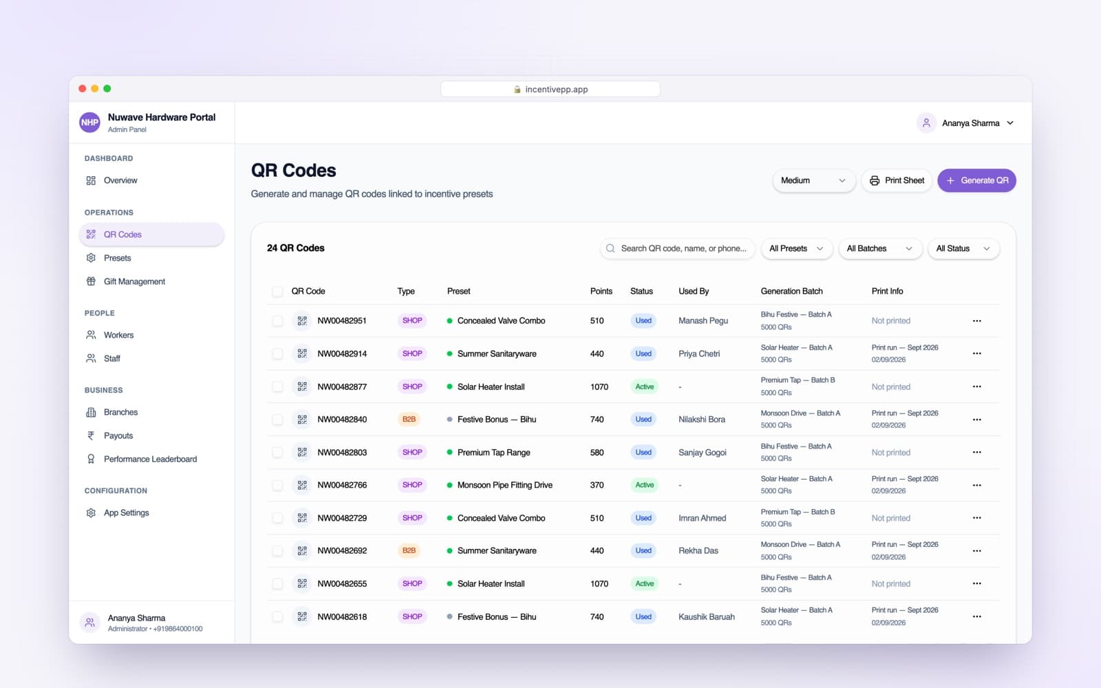 Admin portal: QR code table with presets, points, status, generation batch and print info