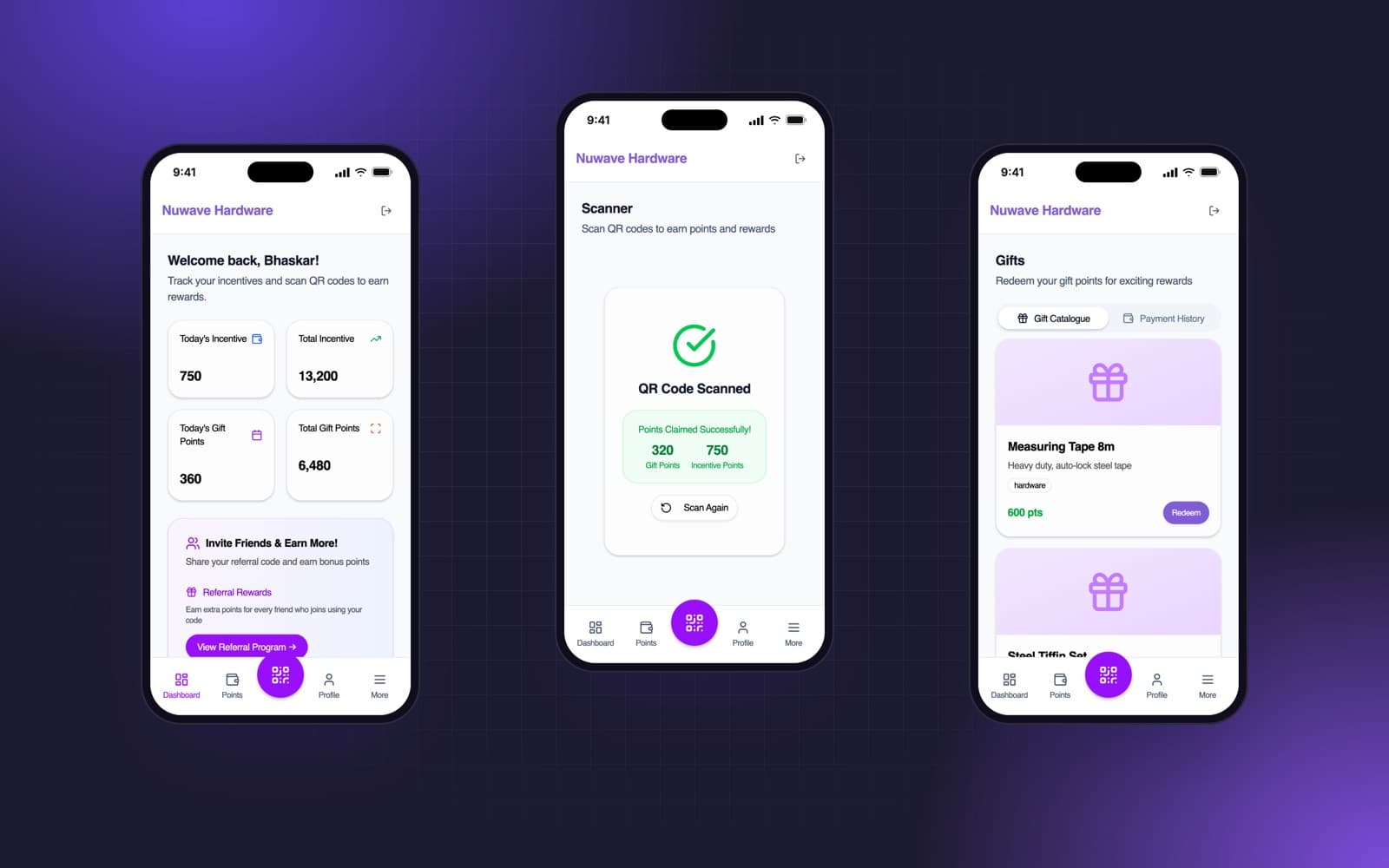 Worker app: dashboard with incentive totals, QR scan confirmation, and the gift catalogue