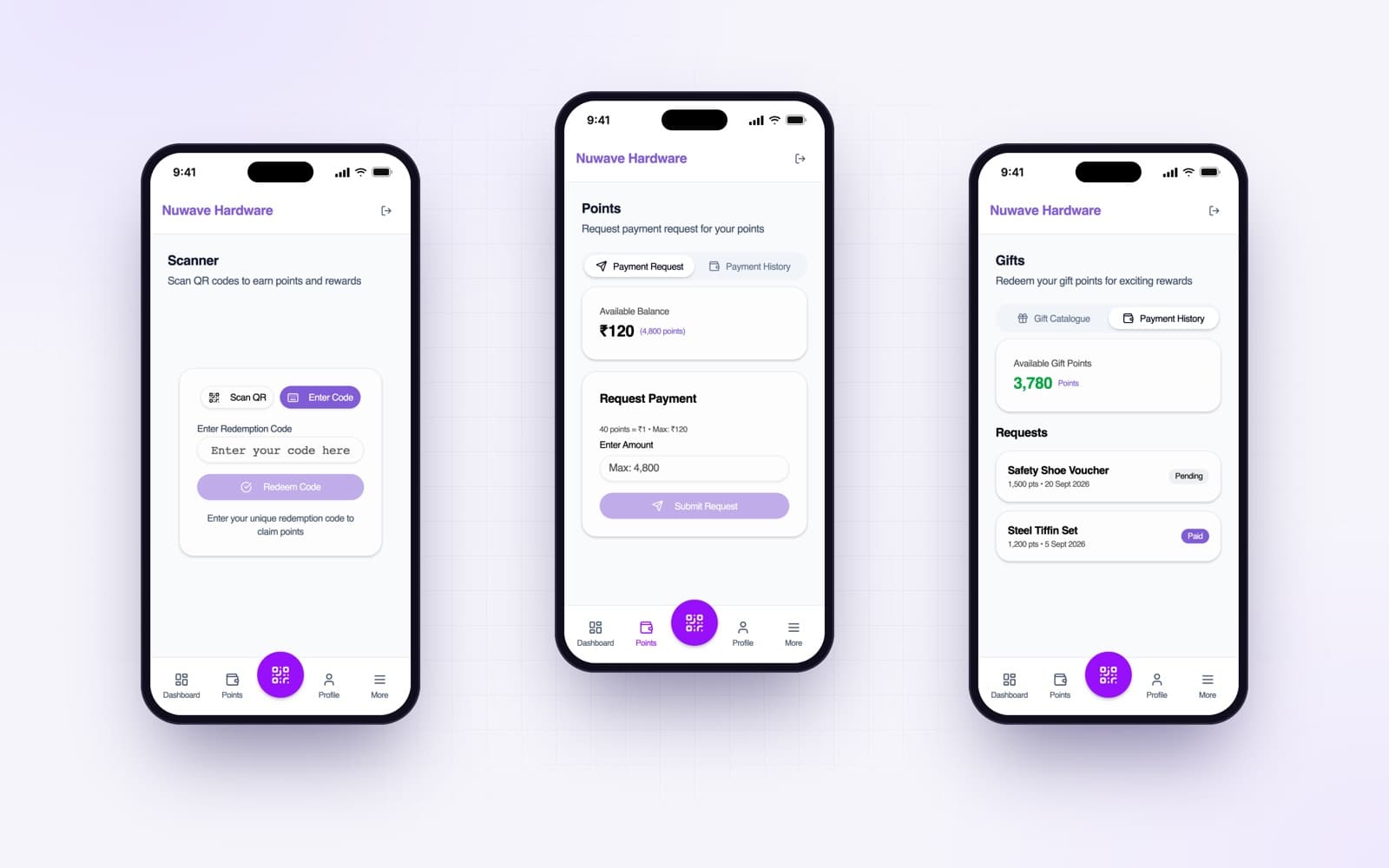 Worker app: redemption code entry, payment request screen, and payment history