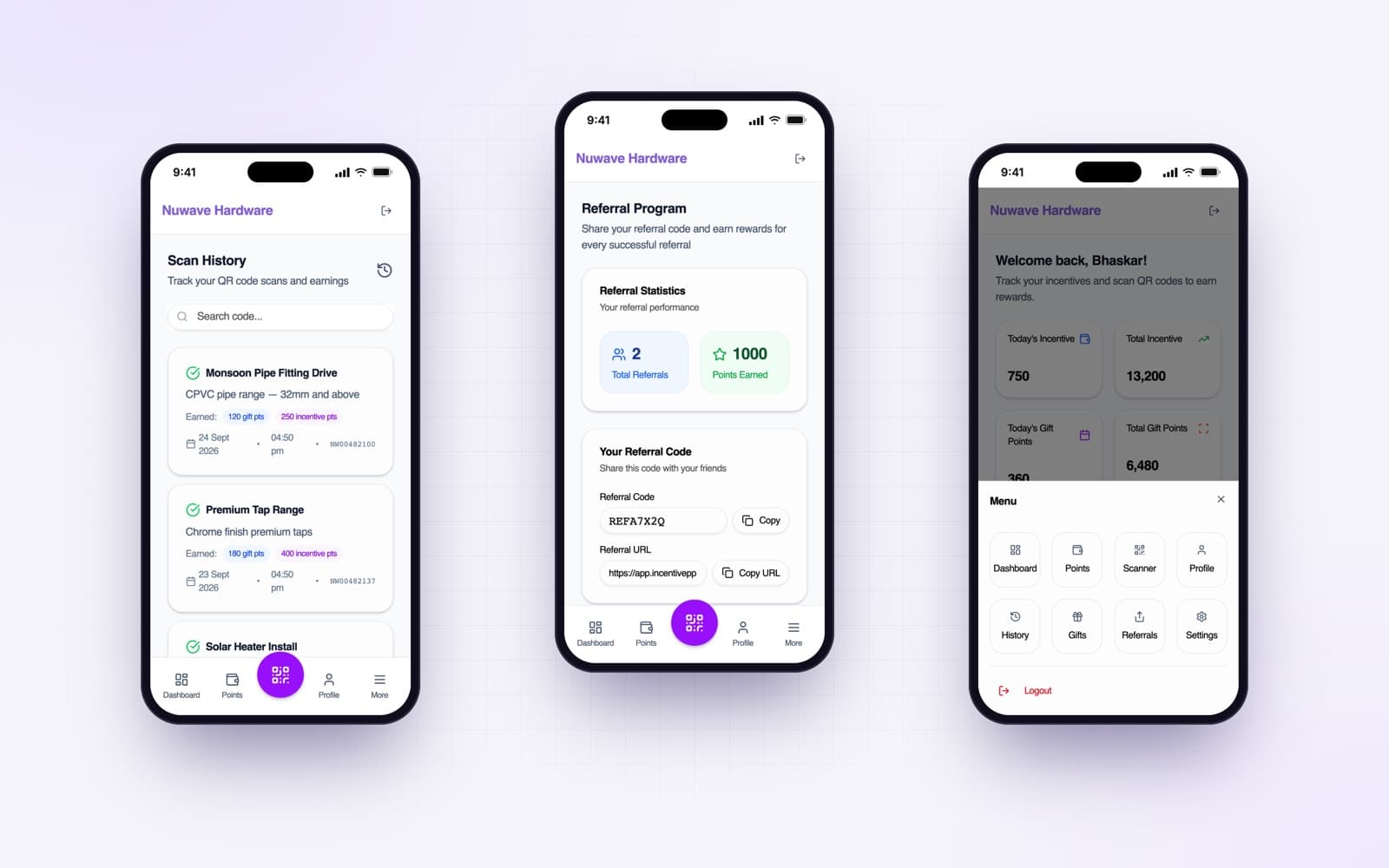 Worker app: scan history, referral programme with code and link, and the menu