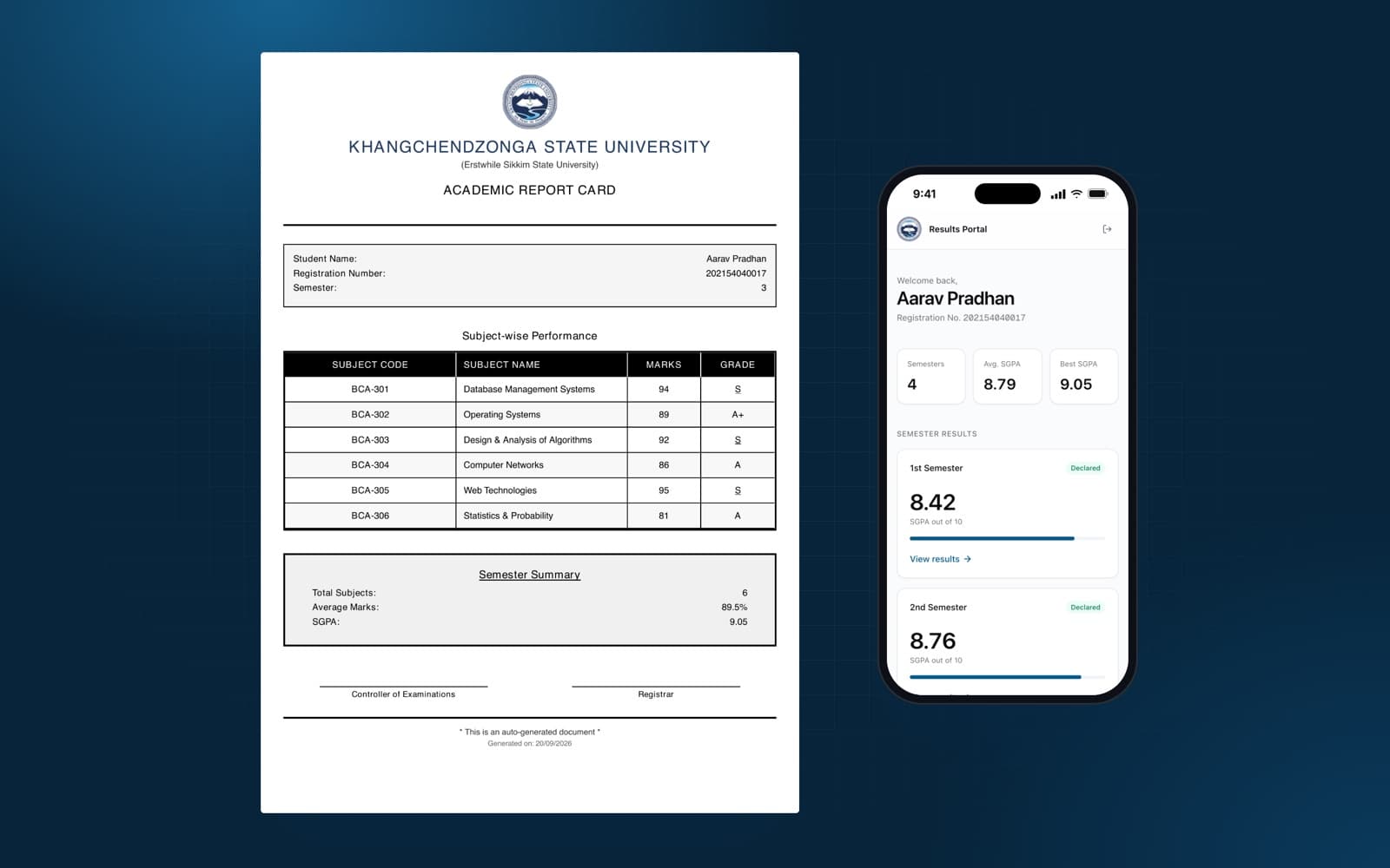 Generated PDF academic report card next to the mobile results view